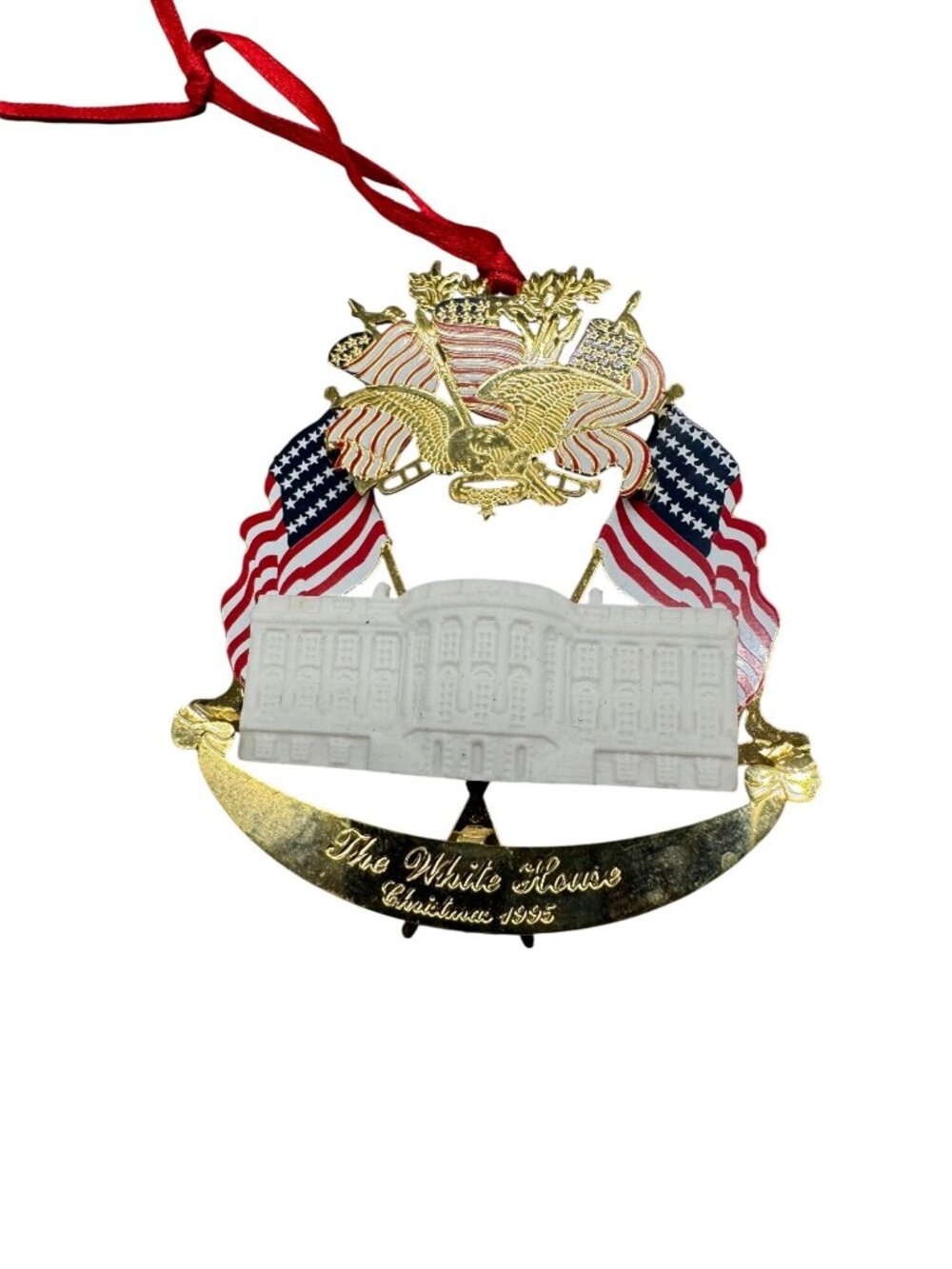White House Christmas Ornament 1995 Eagle & Flags Design Gold Finish READ